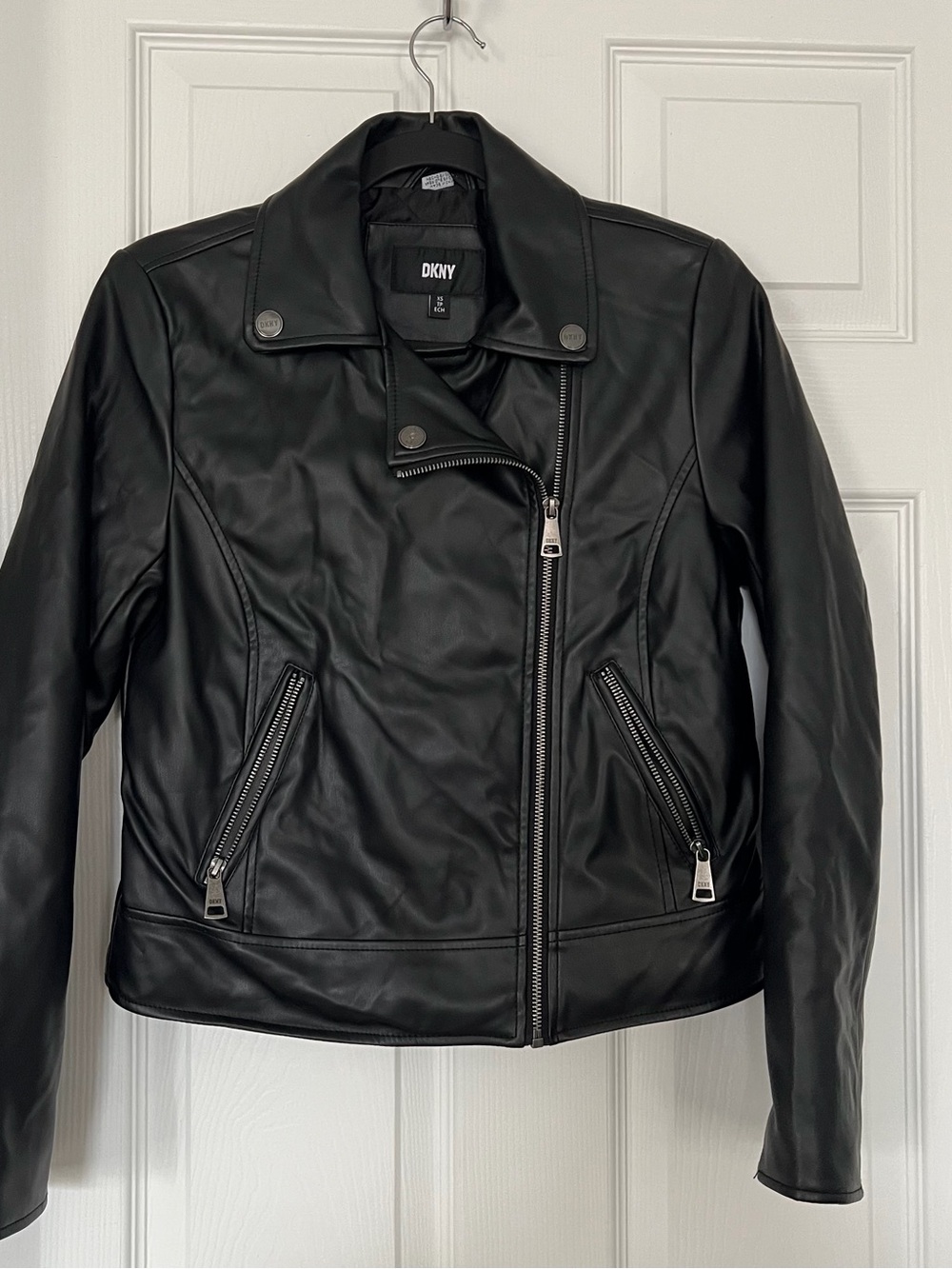 DKNY Black Faux Leather Asymmetrical Moto Jacket with Zip Pockets